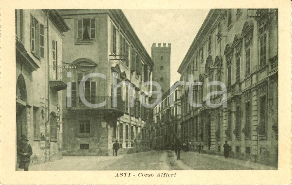 Cartolina originale da collezione 1930 ca ASTI Scorcio di corso ALFIERI con la Torre COMENTINA ANIMATA FP NV 1