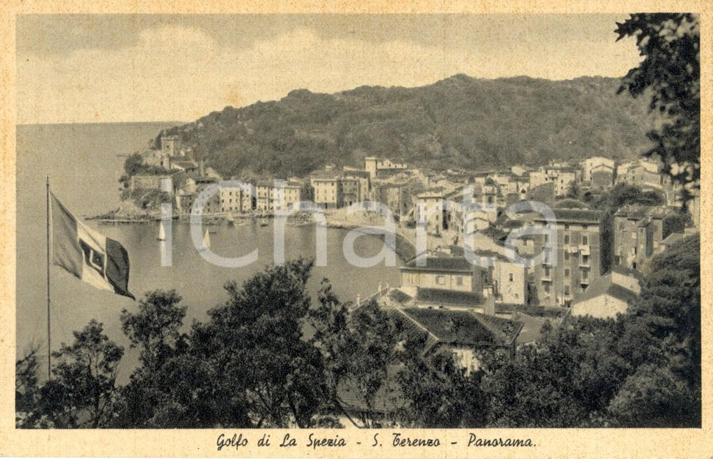Cartolina originale da collezione 1939 LERICI (SP) Panorama di SAN TERENZO con bandiera italiana *Cartolina FP NV 1