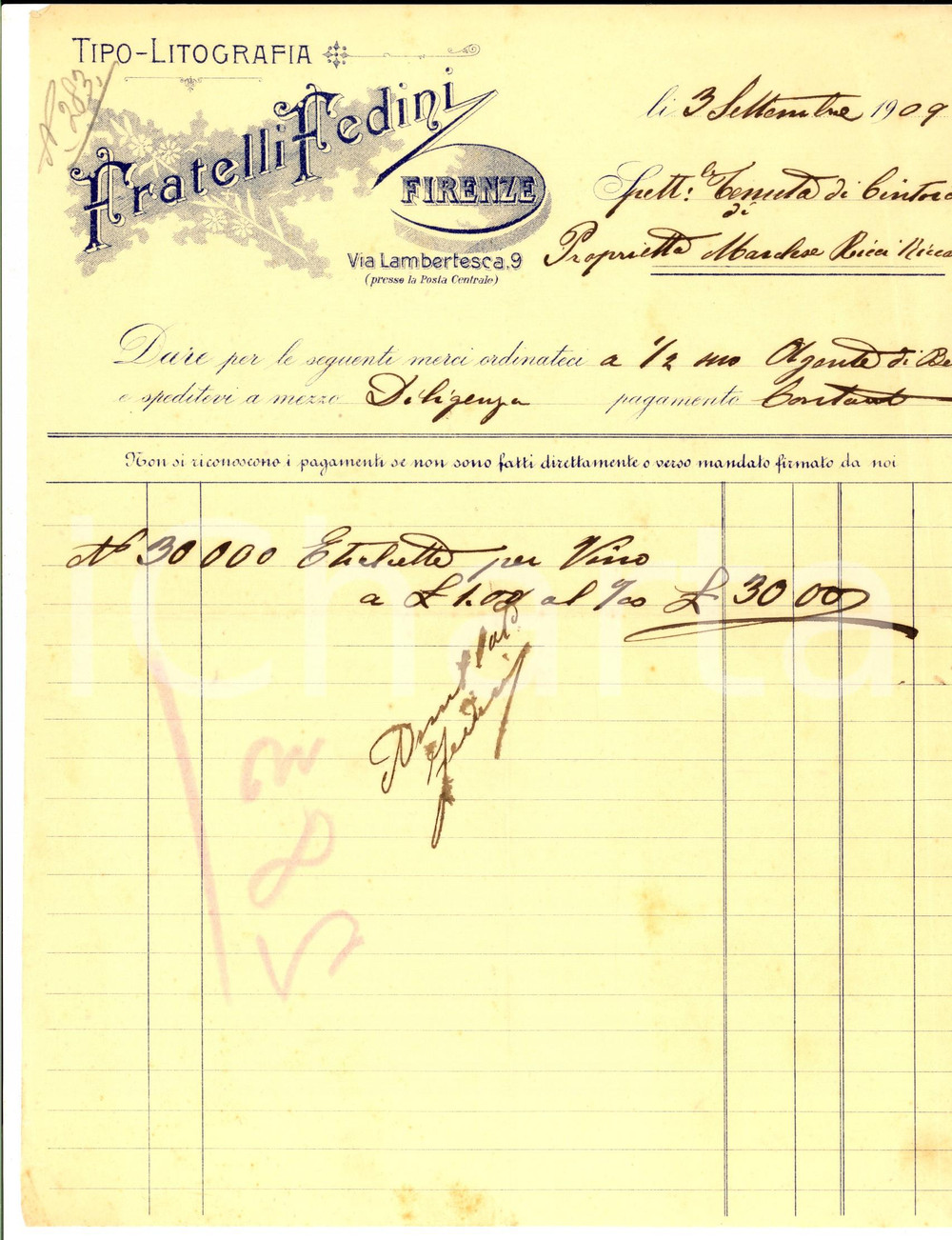 Documento originale, autentico 1909 FIRENZE Tipolitografia Fratelli FEDINI etichette per vino Fattura 1