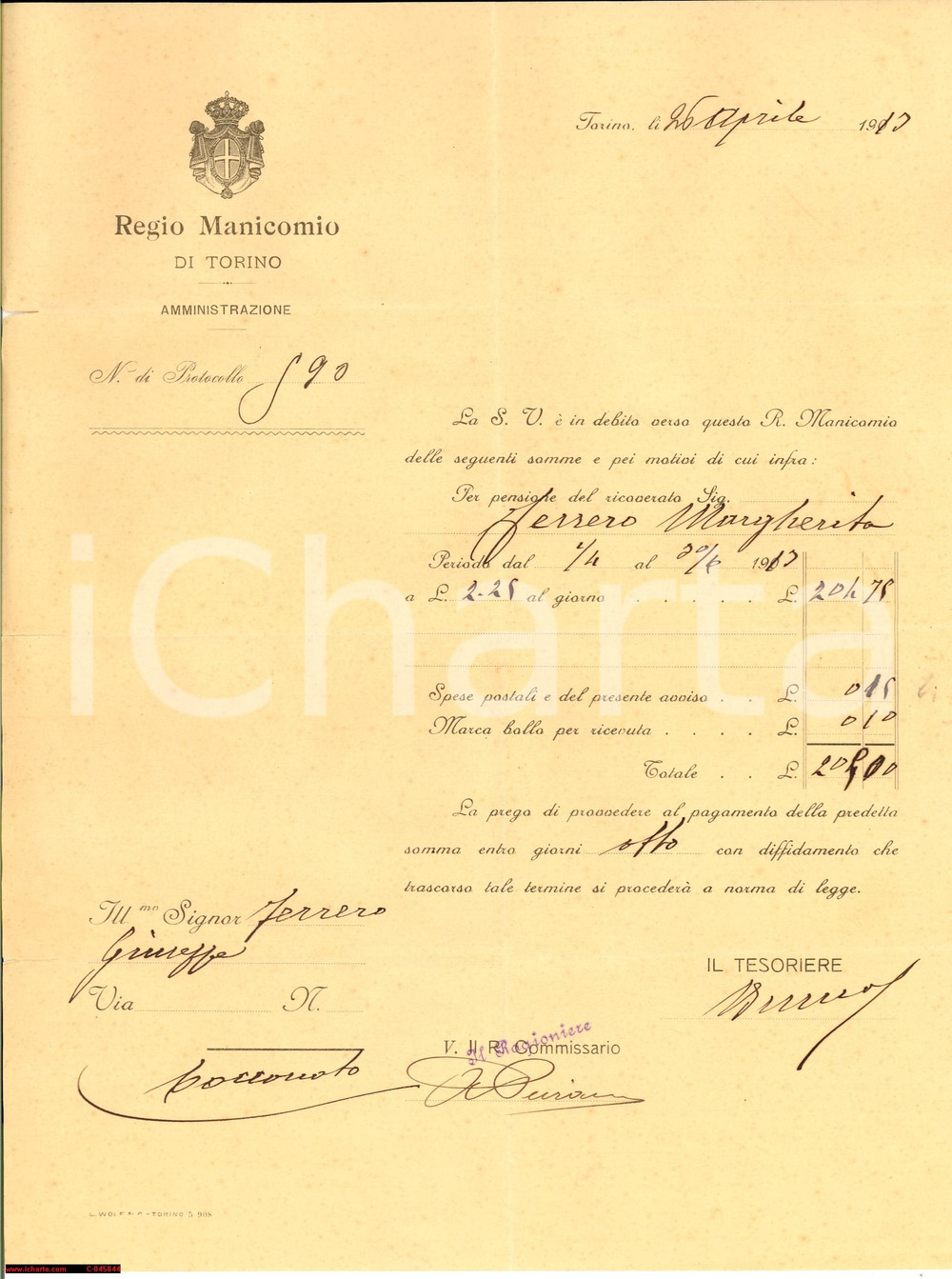 Documento originale, autentico 1913 TORINO Regio Manicomio Pensione Margherita FERRERO 1