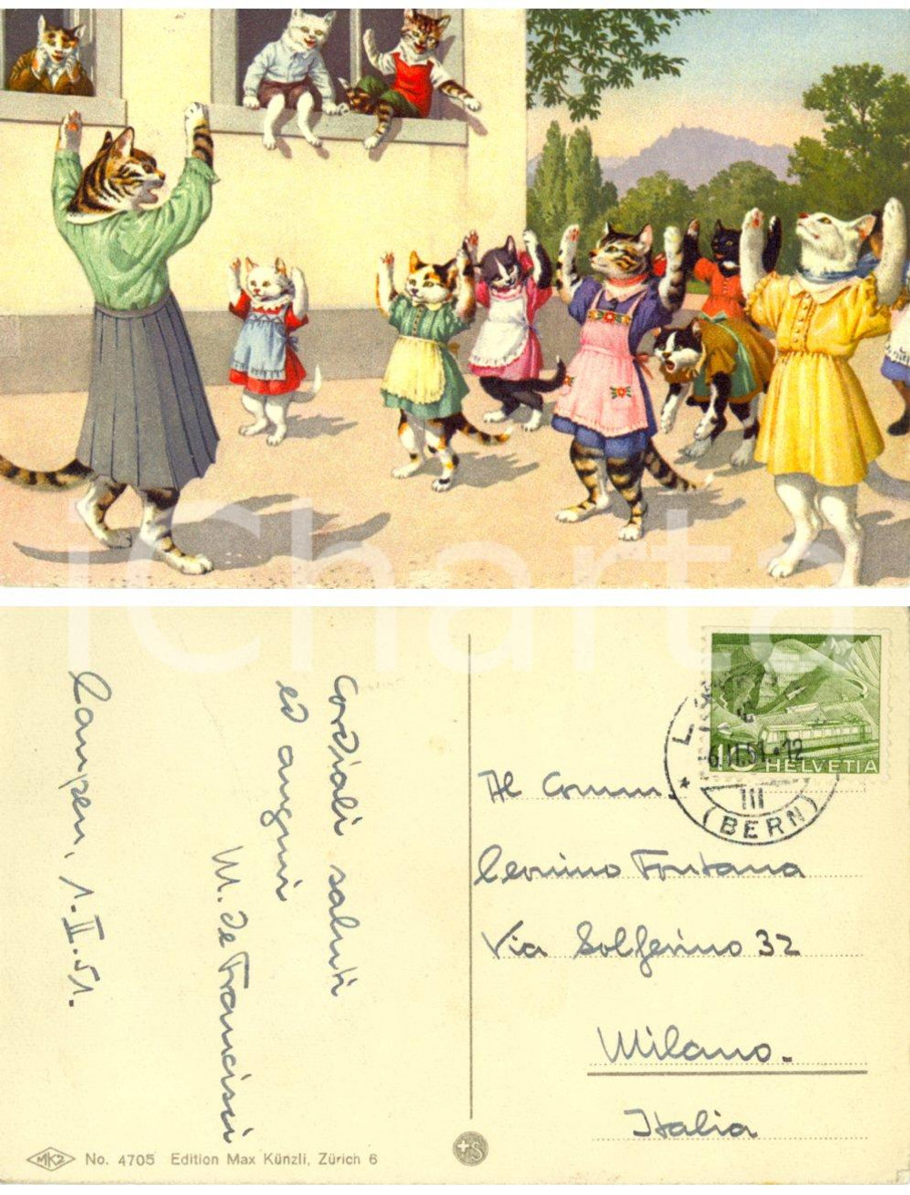 Autografo originale 1951 BERNA Gatti a lezione di ginnastica *Mario DE FRANCISCI a Leonino FONTANA 1