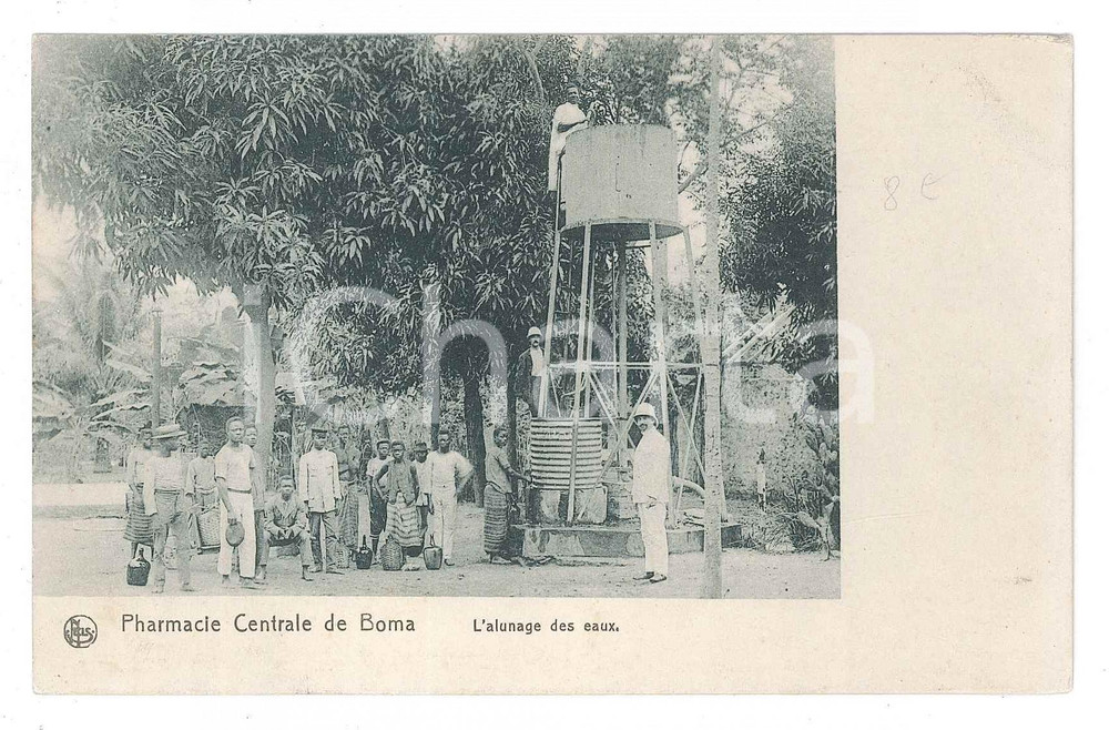1900 BOMA - CONGO BELGE Pharmacie Centrale - Alunage des eaux - Carte postale FP  Cartolina d'epoca, viaggiata. POOR/danneggiato abrasione al verso in corrispondenza dell'affrancatura rimossa Formato: 14x9 originale e autentica 1