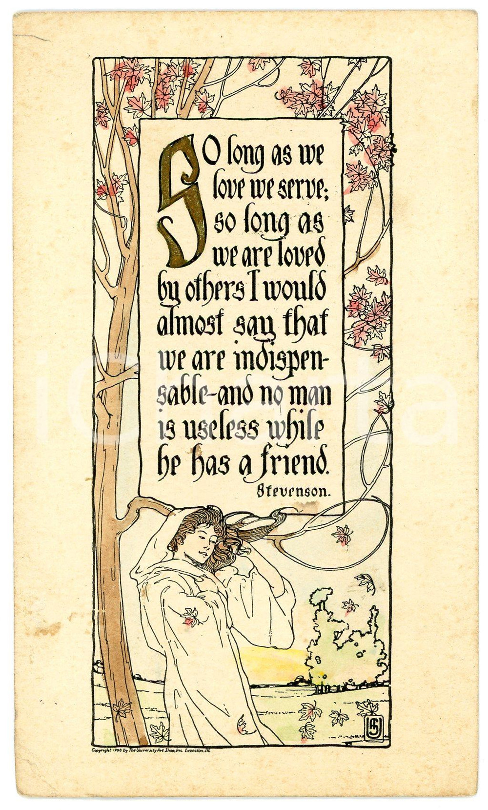 1910 ca THE VALUE OF A FRIEND Poem by Robert Louis STEVENSON Postcard FP VG  Cartolina postale d'epoca, viaggiata ma con affrancatura rimossa.CONDIZIONI: FAIR (piegature all'angolo inferiore sinistro)FORMATO: FP    originale e autentica 1