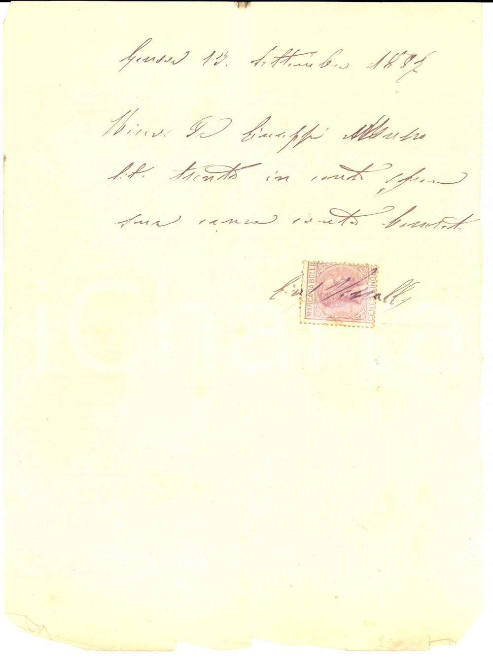 Documento originale, autentico 1887 GENOVA Ricevuta Giuseppe VASSALLI da Giuseppe MORESCO per causa 1