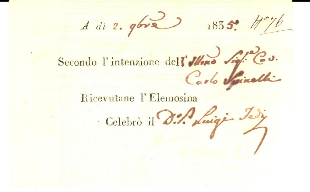 Documento originale, autentico 1835 FIRENZE ? Don Luigi FEDI celebra Messe per elemosina cav. Carlo SPINELLI 1