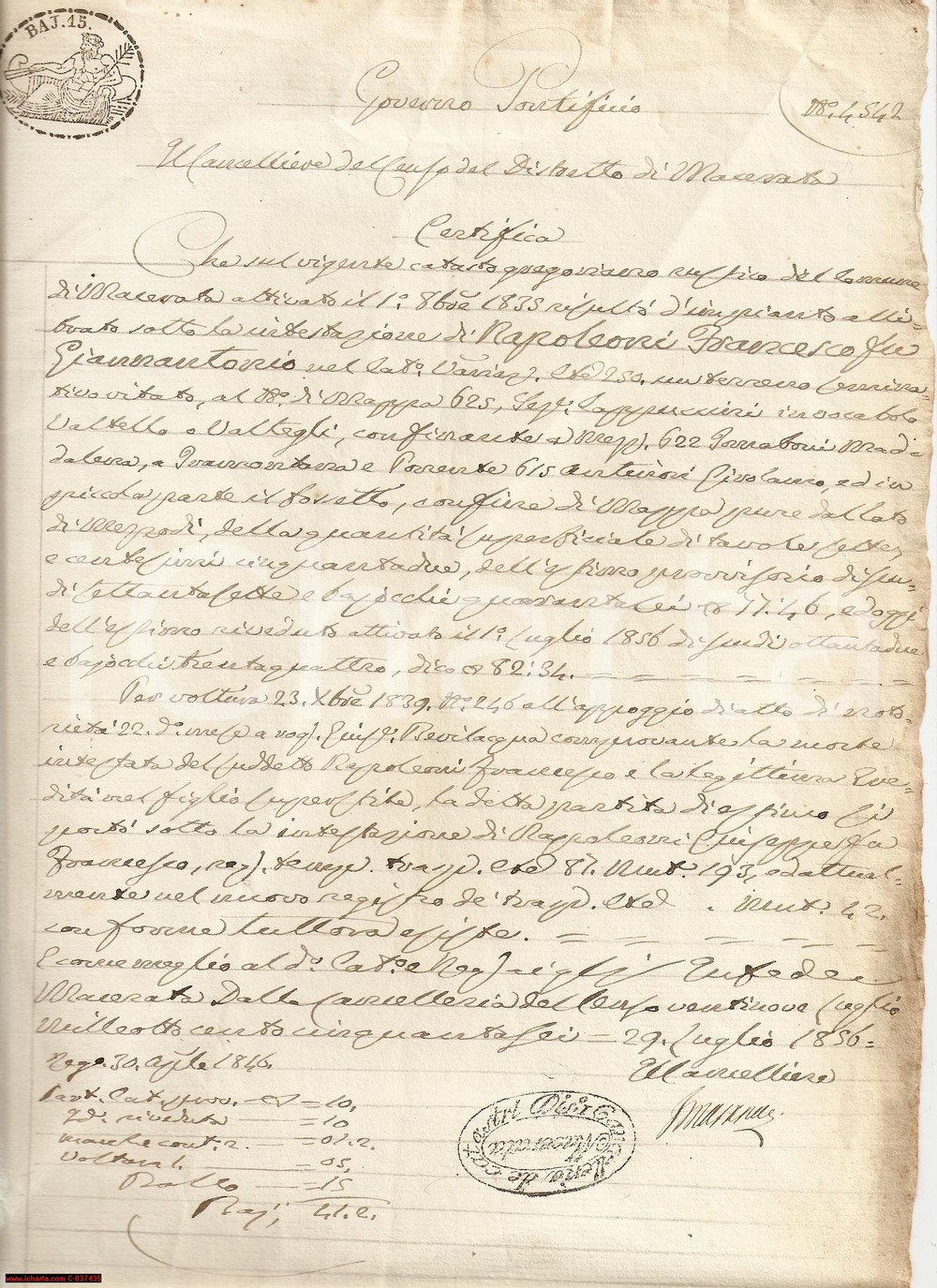 Documento originale, autentico 1856 MACERATA Beni da Francesco a Giuseppe NAPOLEONI 1