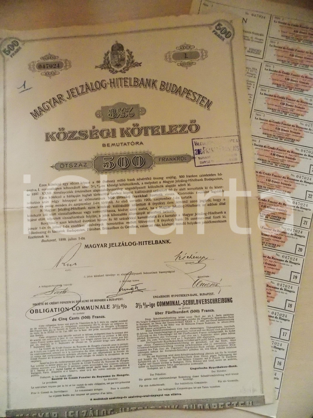 Oggetto da collezione cartaceo 1899 UNGHERIA Magyar JelzalogHitelbank BUDAPESTEN  Obbligazione 500 franchi 1