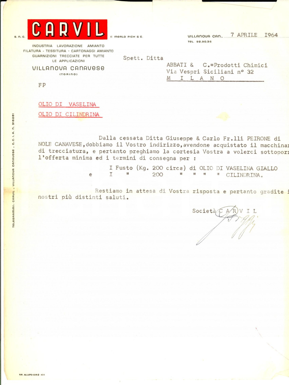 Documento originale, autentico 1964 VILLANOVA CANAVESE Ditta CARVIL lavorazione amianto  olio vaselina Lettera 1