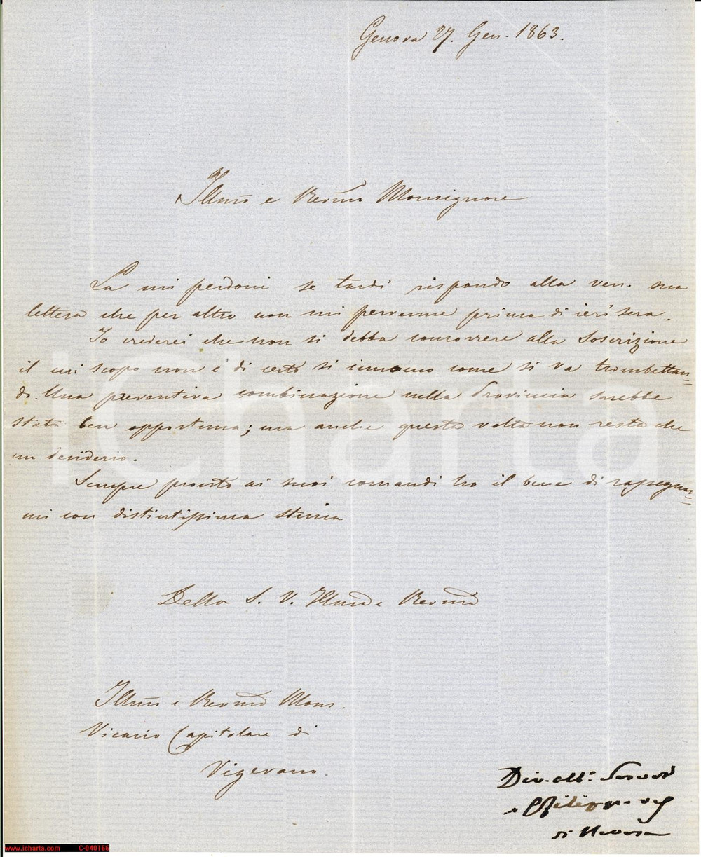 Manoscritto, lettera originale 1863 VIGEVANO Vicario FILIPPO sottoscrizioni inutili 1