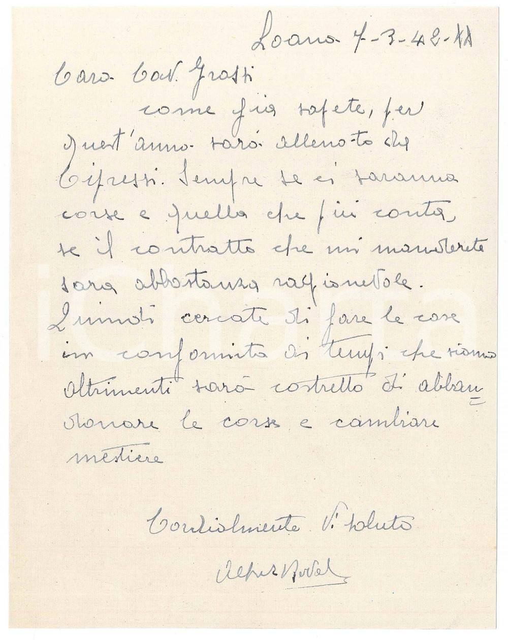 Autografo originale 1942 CICLISMO LOANO Alfredo BOVET minaccia di cambiare mestiere  AUTOGRAFO 1