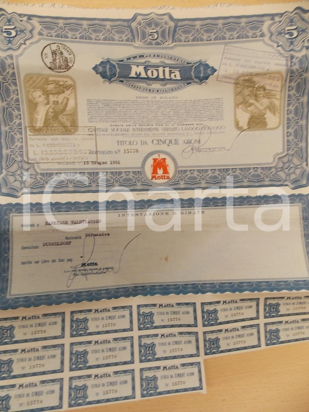 Oggetto da collezione cartaceo 1961 MILANO MOTTA dolciaria ed alimentare Titolo da 5 azioni con cedole 1