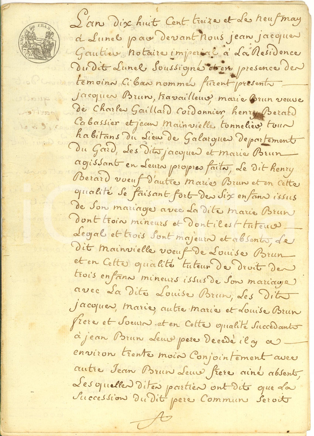 Documento originale, autentico 1813 LUNEL (HÃ©rault) Accord hÃ©ritage notaire Jean BRUN 1