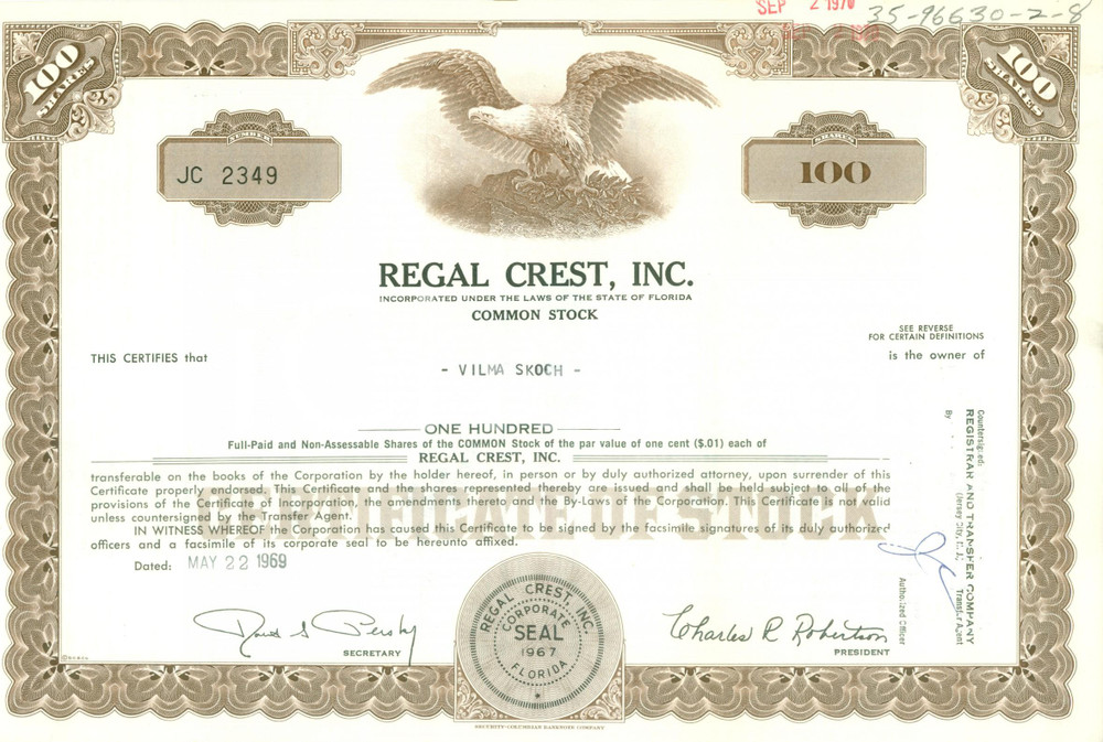 Oggetto da collezione cartaceo 1969 FLORIDA Common Stock REGAL CREST INC. Certificato azionario per Vilma SKOCH 1