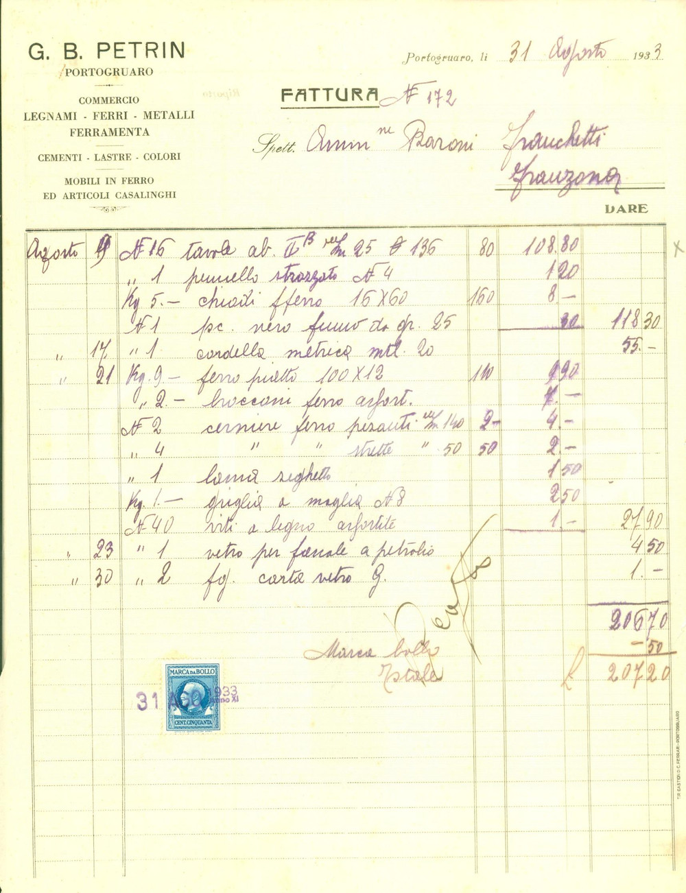 Documento originale, autentico 1933 PORTOGRUARO (VE) Giovanni Battista PETRIN Legnami ferri Fattura manoscritta 1
