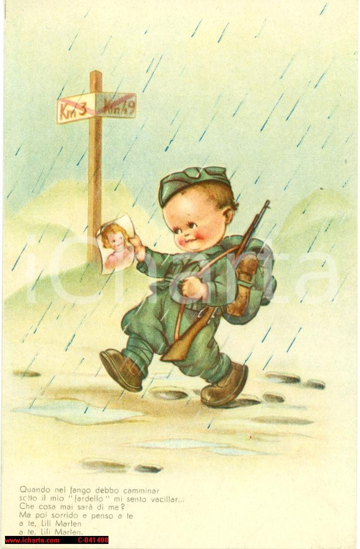 Cartolina originale da collezione 1942 WW2 Il soldatino che canta LILI MARLEN illustrata 1