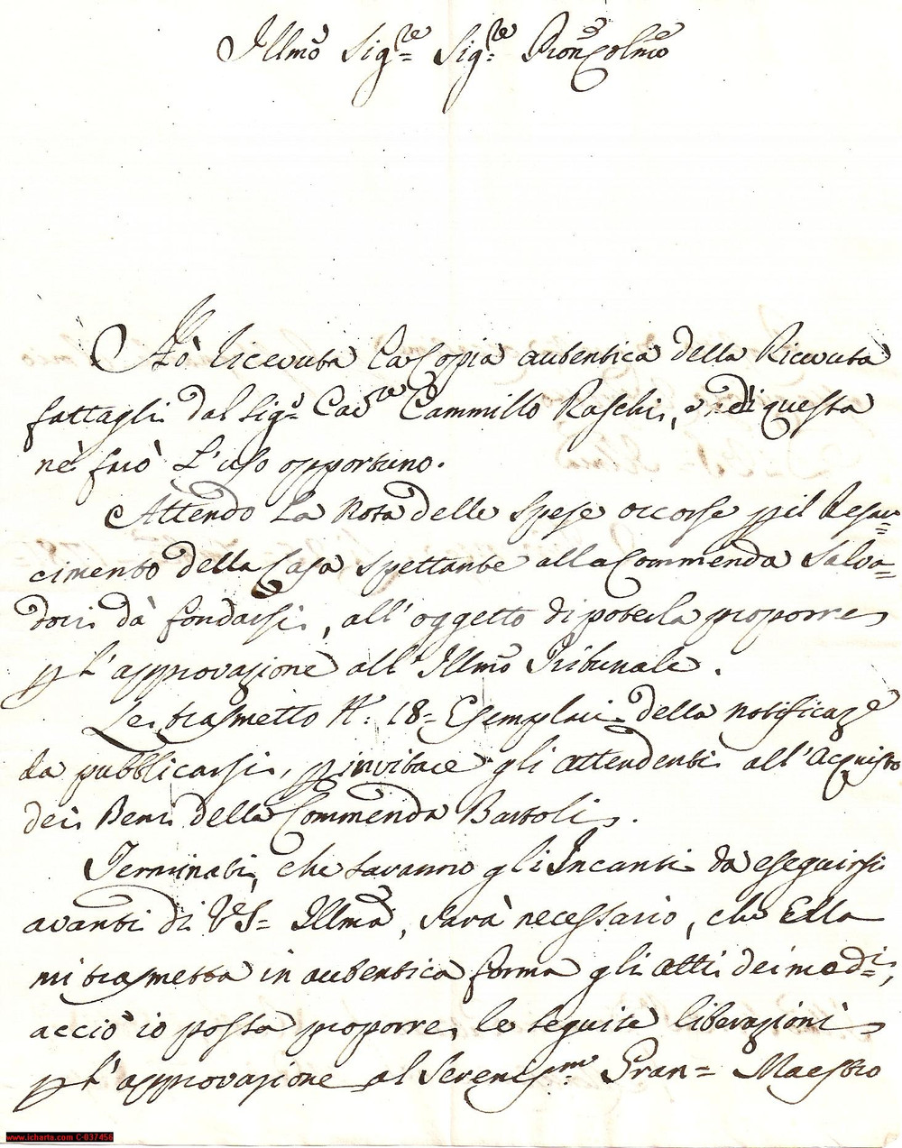 Manoscritto, lettera originale 1781 MONTE SAN SAVINO (AR) Commende BARTOLI SALVADORI 1