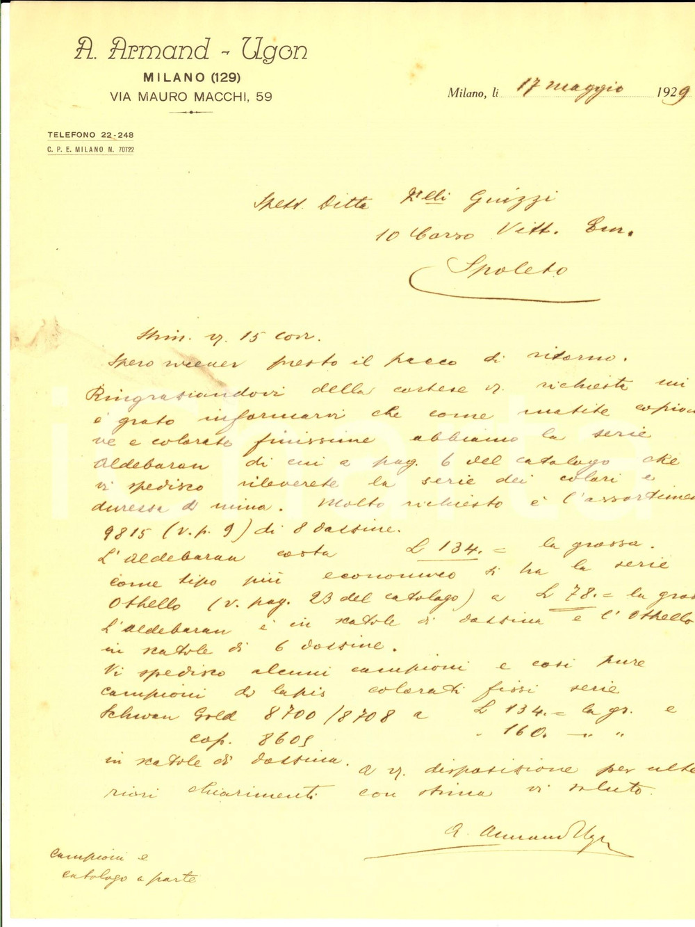 Documento originale, autentico 1929 MILANO Via Macchi 59 ARMAND  UGON  Lettera per fornitura di matite 1