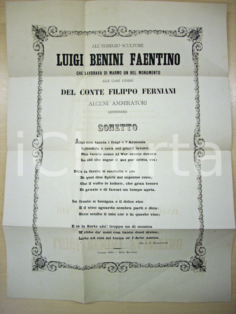 Documento originale, autentico 1880 FAENZA Luigi BENINI monumento a Filippo FERNIANI  Manifesto 1