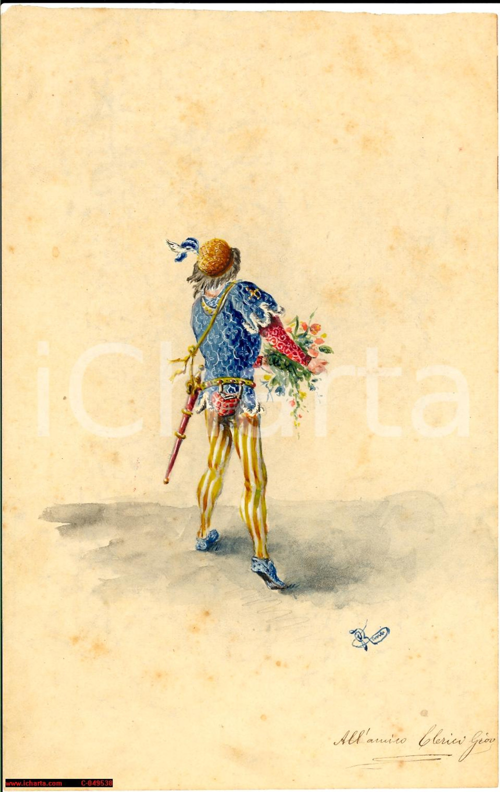 Opera d’arte autentica 1875 ca MILANO Paggio reca mazzo fiori G. RANCI disegno 1