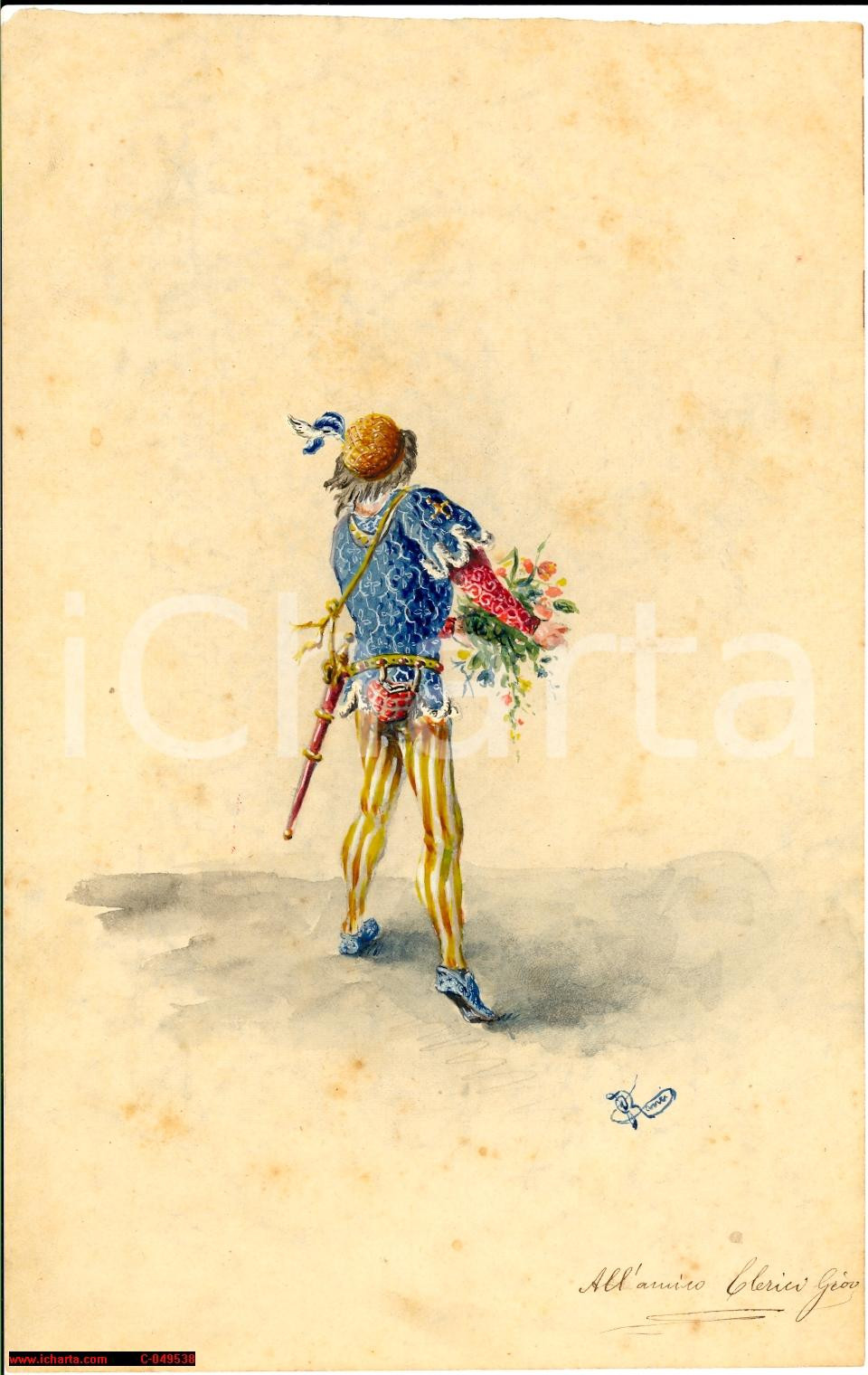 Opera d’arte autentica 1875 ca MILANO Paggio reca mazzo fiori G. RANCI disegno 1