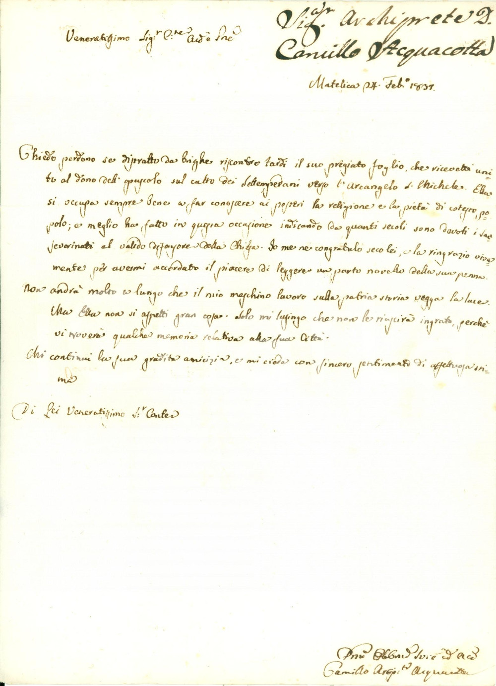 Autografo originale 1831 MATELICA MC Settempedani devoti SAN MICHELE Autografo Camillo ACQUACOTTA 1