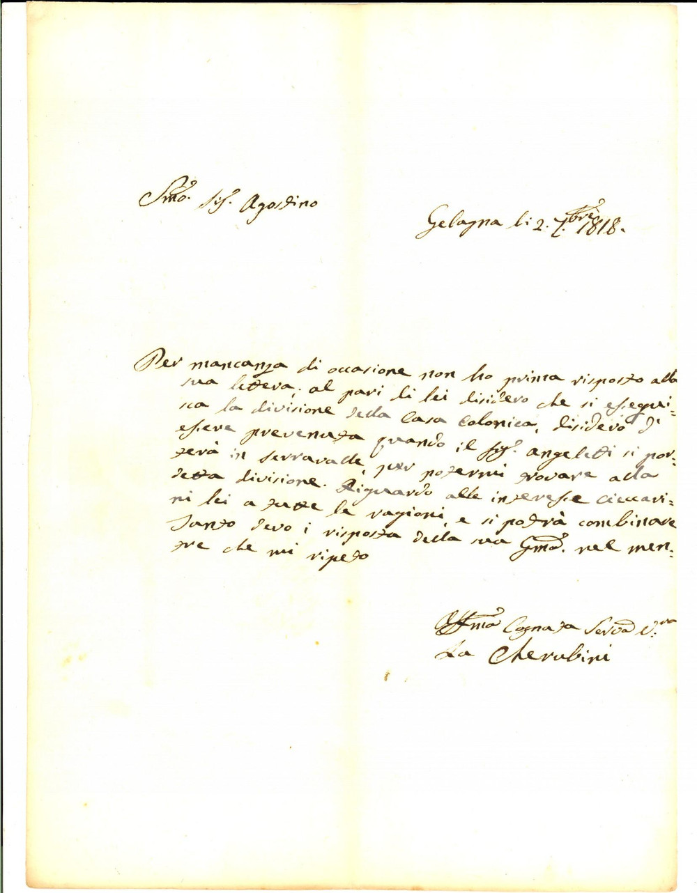 Manoscritto, lettera originale 1818 GELAGNA Angela VOGLIA CHERUBINI desidera la divisione di una casa colonica 1
