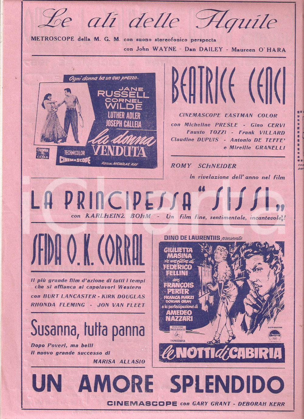 Materiale pubblicitario d’epoca 1957 FERMO Programmazione Cinema AQUILA ed HELIOS Notti di Cabiria VICI DE ROLL 1