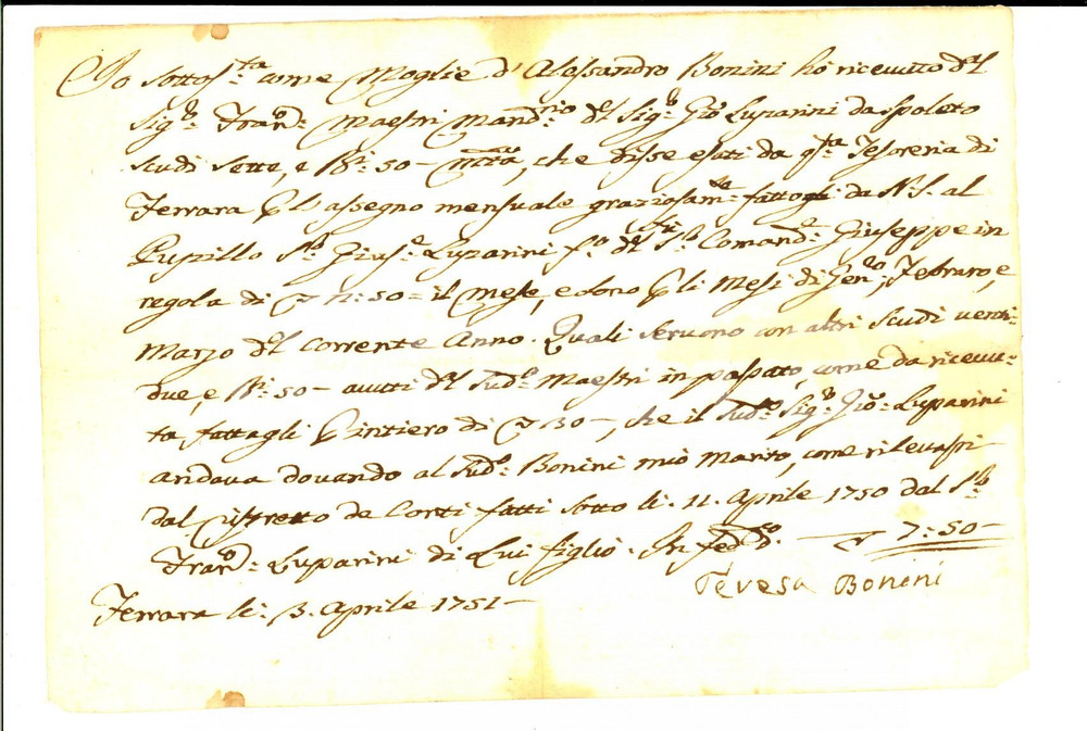 Documento originale, autentico 1751 FERRARA Teresa BONINI riscuote assegno mensile per conto del marito 1