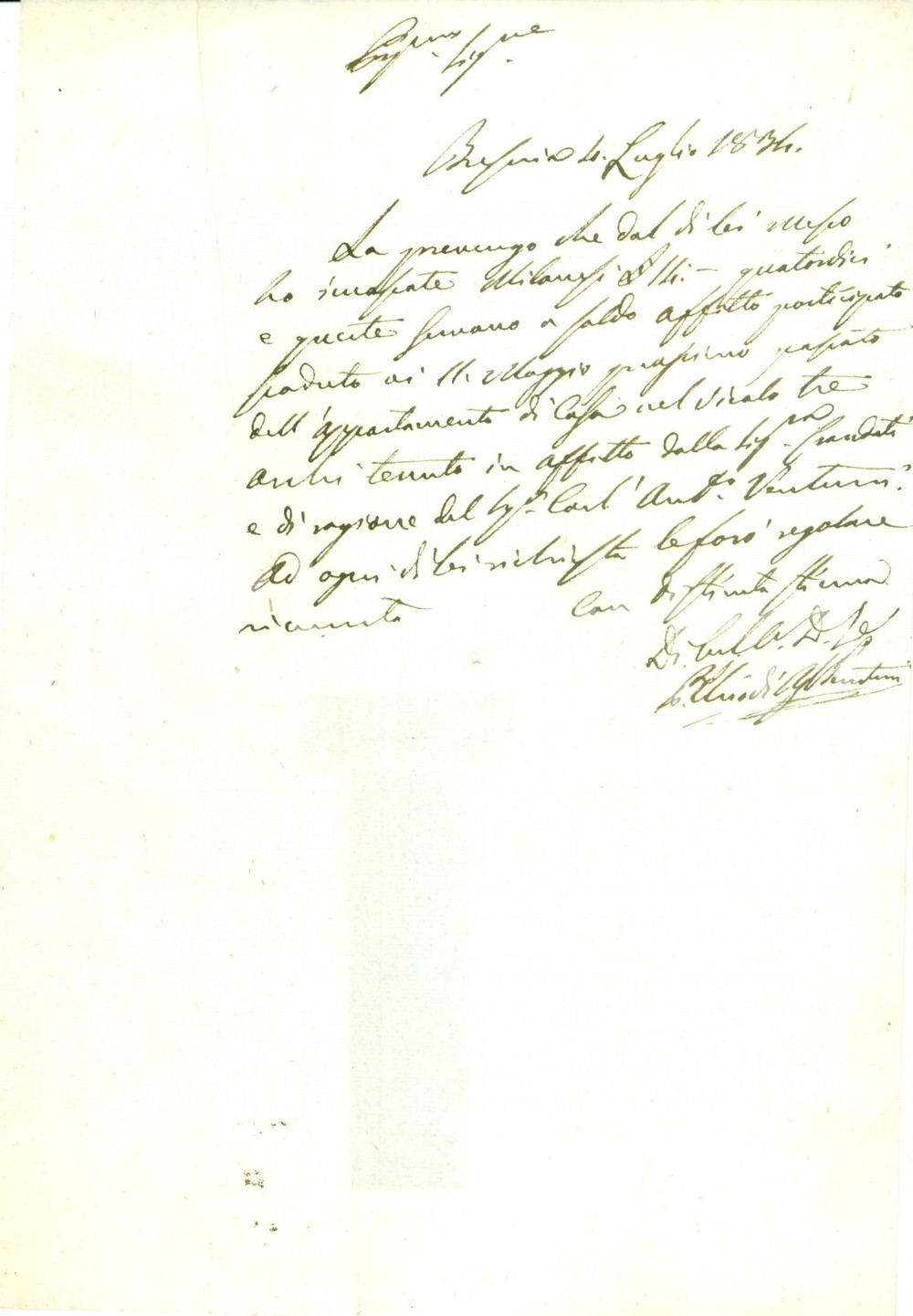 Documento originale, autentico 1834 BRESCIA Affitto della casa in Vicolo TRE ARCHI di Carlo Antonio VENTURINI 1