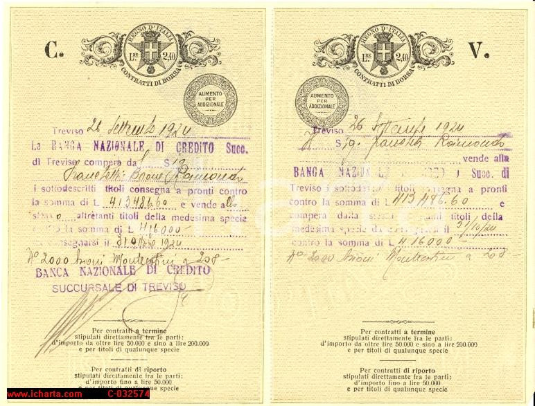 Oggetto da collezione cartaceo 1924 TREVISO Banca Nazionale di Credito - Vendita titoli barone FRANCHETTI 1