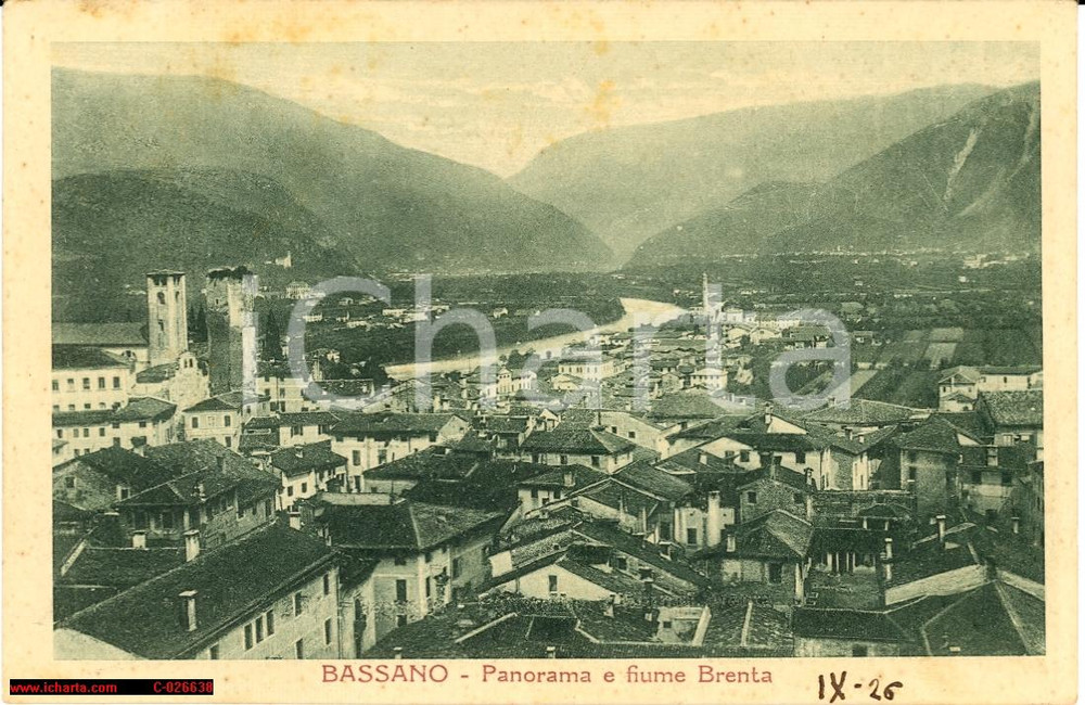 Cartolina originale da collezione 1926 Bassano - Veduta dell'abitato e fiume Brenta 1