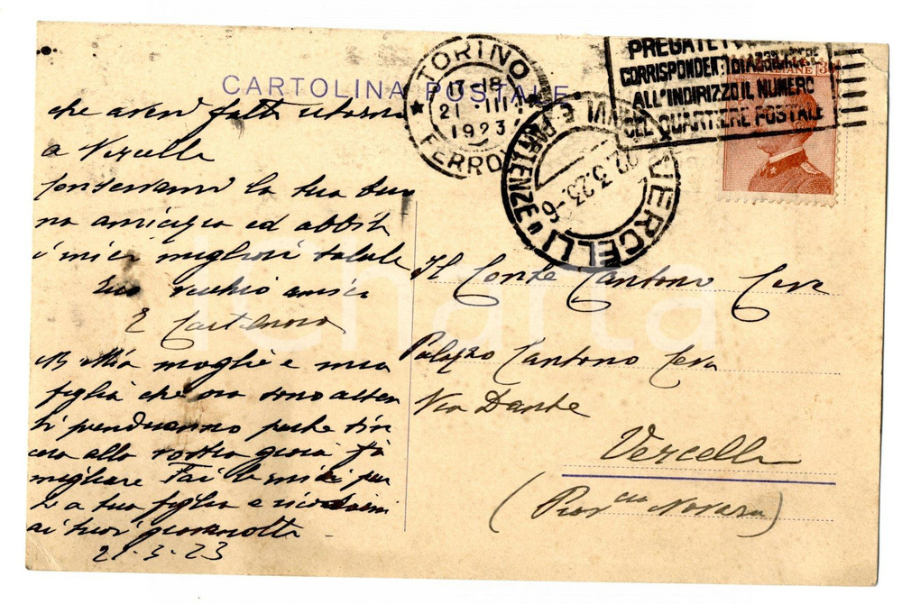 Autografo originale 1923 TORINO Autografo Enrico CASTELNOVO DELLE LANZE - SocietÃ  WHIST 1