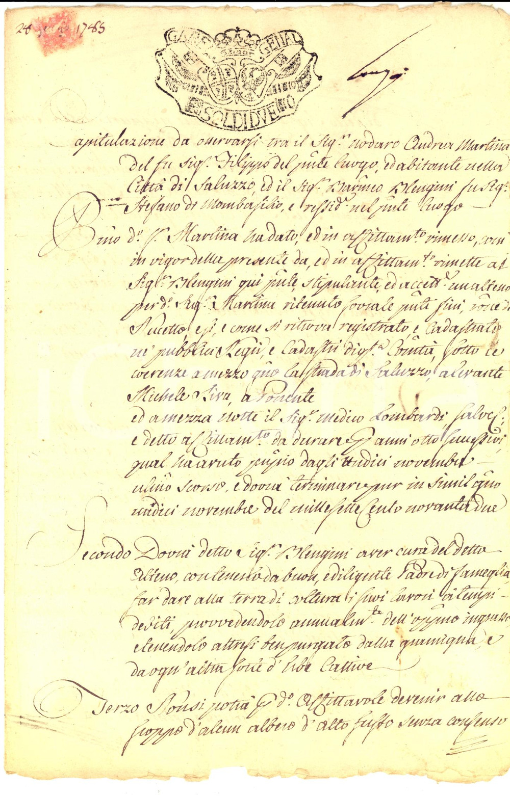 Documento originale, autentico 1785 SALUZZO (CN) Andrea Martina NODARO affitta alteno a Bartolomeo BLENGINI 1