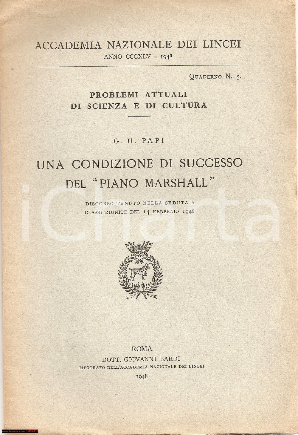 Libro, pubblicazione d epoca 1948 GIUSEPPE UGO PAPI Discorso sul Piano MARSHALL Accademia dei Lincei 1
