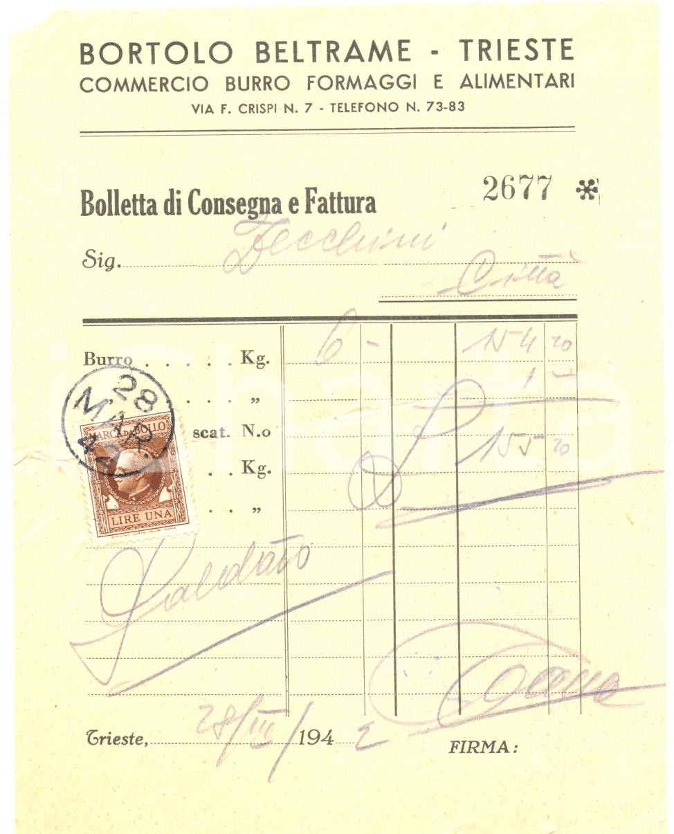 Documento originale, autentico 1942 TRIESTE Bortolo BELTRAME burro formaggi alimentari Fattura 1