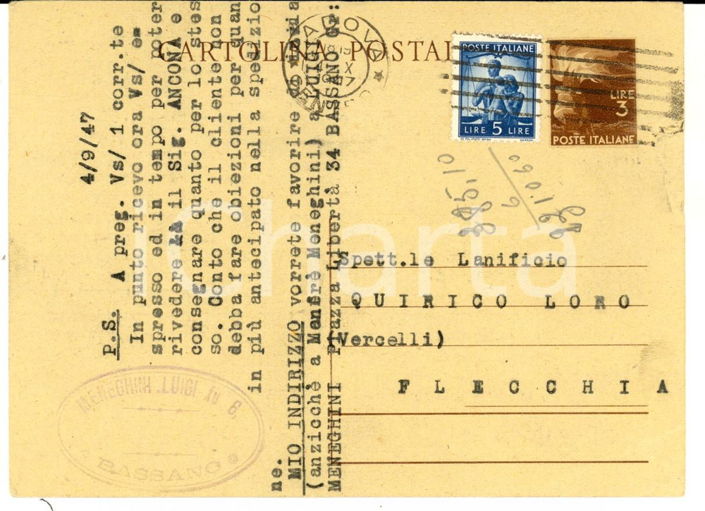 Documento originale, autentico 1947 BASSANO DEL GRAPPA (VI) Ditta Luigi MENEGHINI al lanificio QUIRICO LORO 1