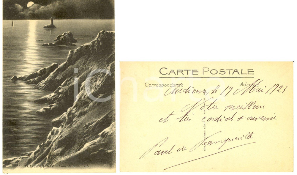 Autografo originale 1923 POINTE DU RAZ (F) Chiar di luna *Cartolina Paul BELHOMME de FRANQUEVILLE 1