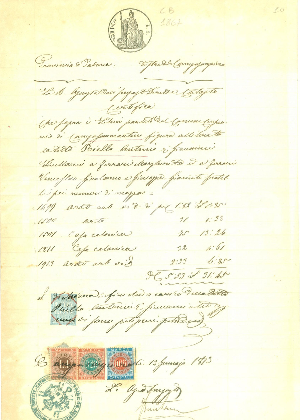 Documento originale, autentico 1873 CAMPO SAN MARTINO PD Beni della Ditta Antonio RIELLO Documento 1