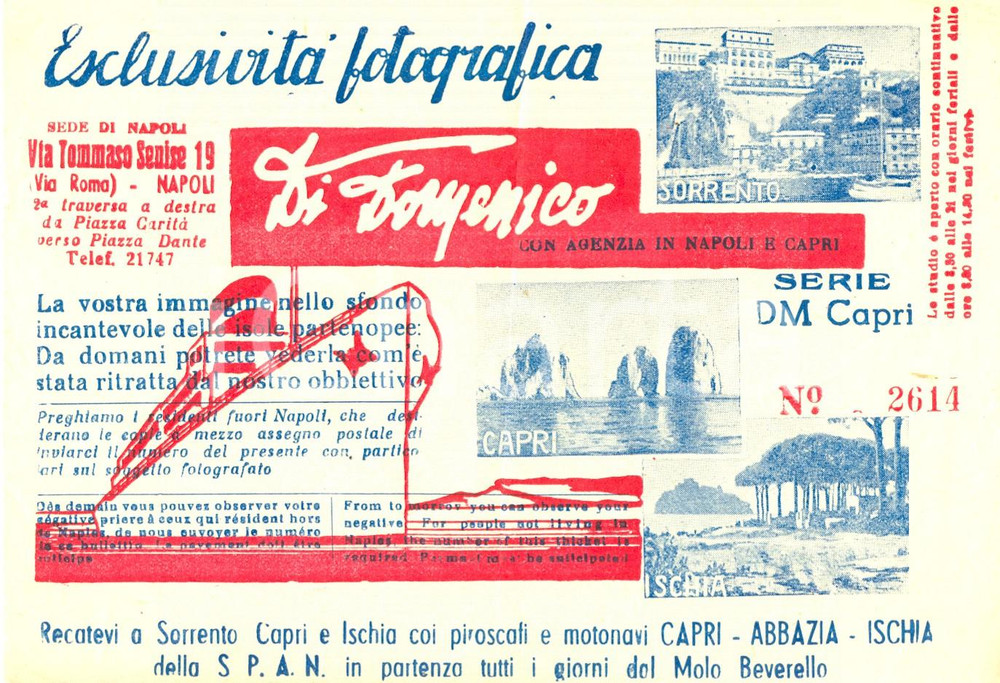 Materiale pubblicitario d’epoca 1950 ca NAPOLI Esclusività fotografica DI DOMENICO Pubblicità S.P.A.N. 1