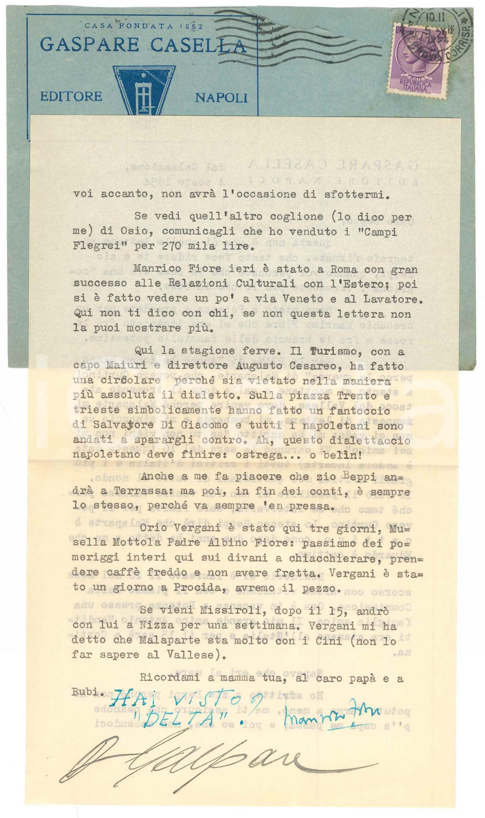 Autografo originale 1954 NAPOLI Gaspare CASELLA bombardato da Curzio Malaparte Autografo 1