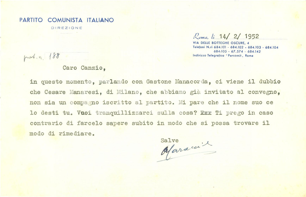Autografo originale 1952 ROMA Cesare MANARESI Ã¨ iscritto al PCI? Autografo Alberto CARACCIOLO 1