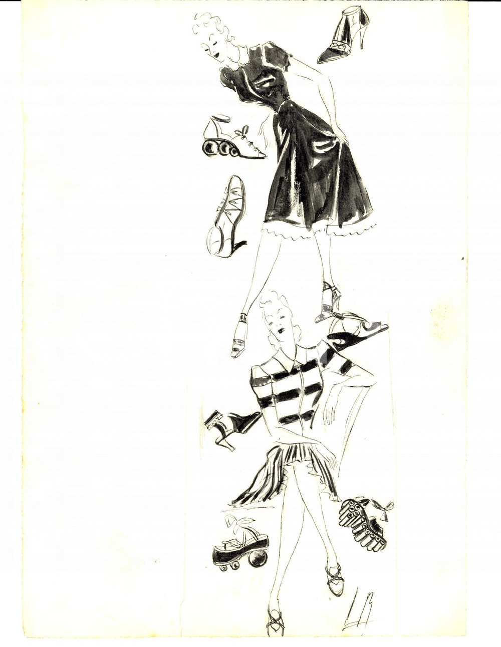 Stampa, bozzetto originale 1939 Moda donna ANNI  30 Abiti estivi e scarpe haute couture AUTOGRAFO 1