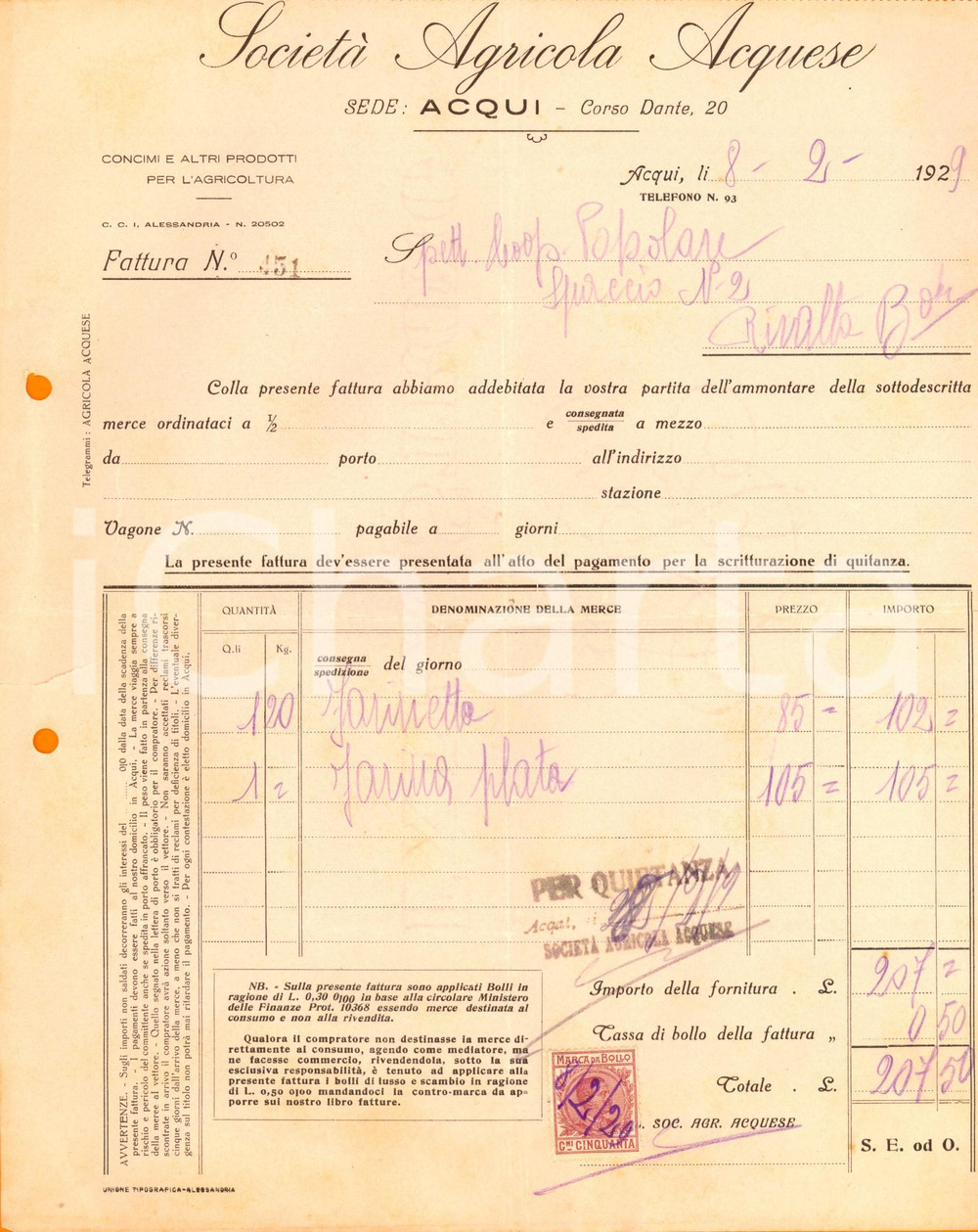 Documento originale, autentico 1929 ACQUI TERME AL SocietÃ  Agricola ACQUESE  Prodotti per agricoltura 1