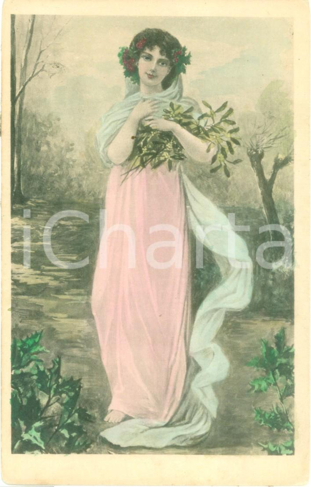Cartolina originale da collezione 1930 ca COSTUMI Giovane portatrice di lauro in tunica *Cartolina postale FP NV 1