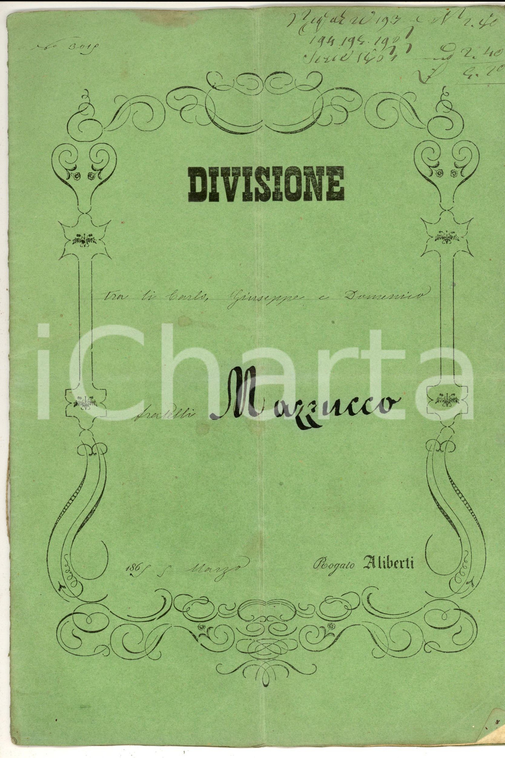 Documento originale, autentico 1865 CASALE MONFERRATO Divisione ereditaria Carlo, Giuseppe e Domenico MAZZUCCO 1