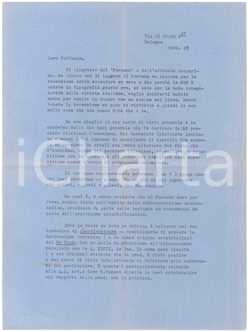 1927 BOLOGNA Mario M. ROSSI su Pontano e l'Umanesimo - AUTOGRAFO Lettera dattiloscritta, con firma autografa del filosofo e anglista Mario Manlio Rossi.PAGINE: 4 facciate FAIR/discreto piegature d'epoca  originale e autentica 1