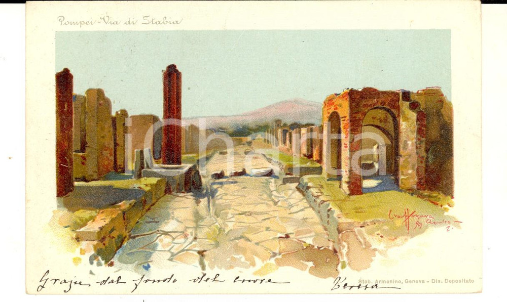 Cartolina originale da collezione 1901 POMPEI (NA) Via di Stabia *Cartolina a Ernestina CORSI DI BROSNASCO PRATO 1