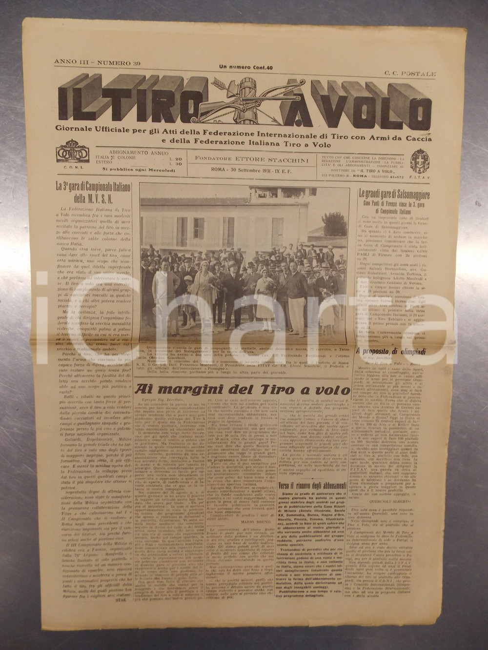 Giornale, rivista storica 1931 IL TIRO A VOLO Gara di Campionati tiro al piattello a TERRACINA *Giornale 1