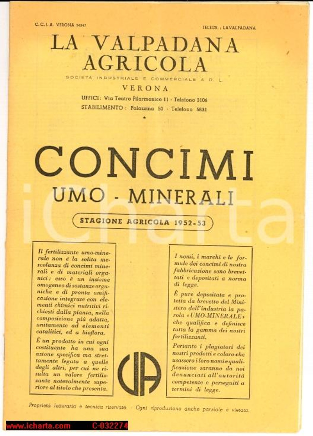 Oggetto da collezione cartaceo 1952 VERONA Valpadana Agric. Concimi Umo-Minerali 1