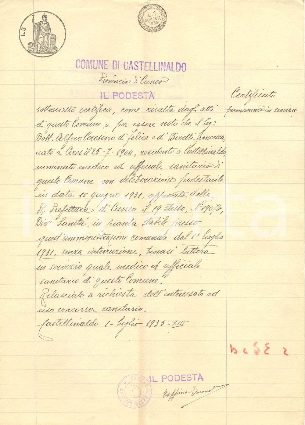 Documento originale, autentico 1935 CASTELLINALDO CN Certificato medico Alfero CERESINO in servizio 1